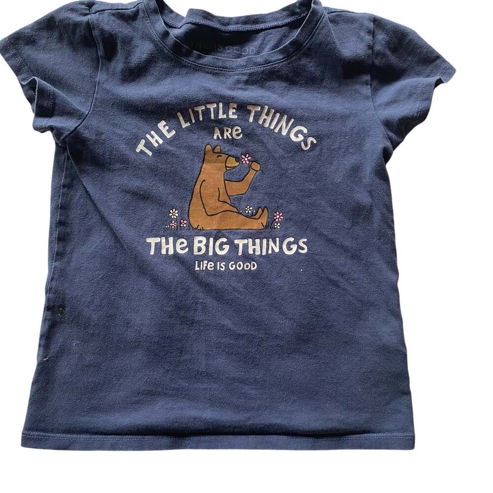 Life is Good Kids T-Shirt Girls Size Medium Bear Flowers Graphic Blue Cotton